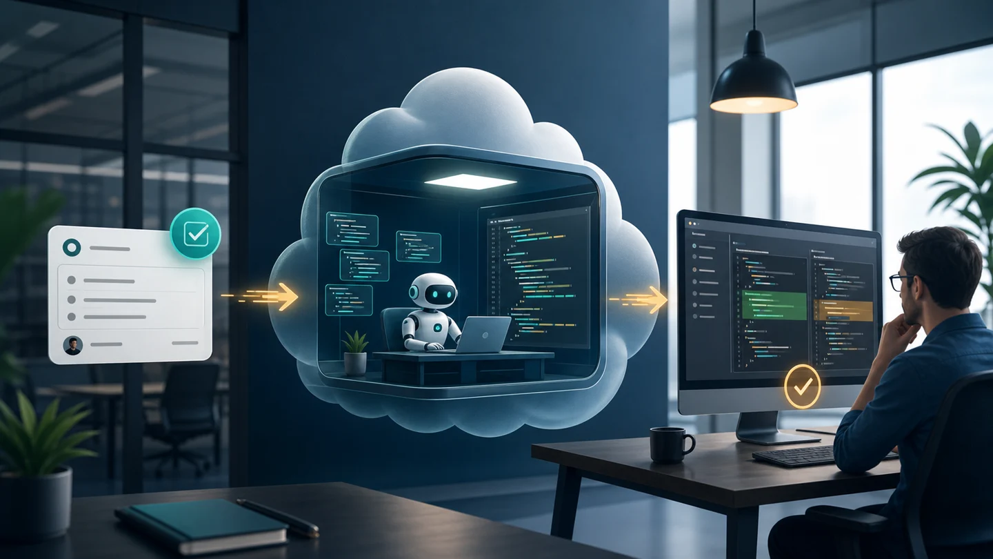 An issue brief moving through an isolated coding workspace to human code review