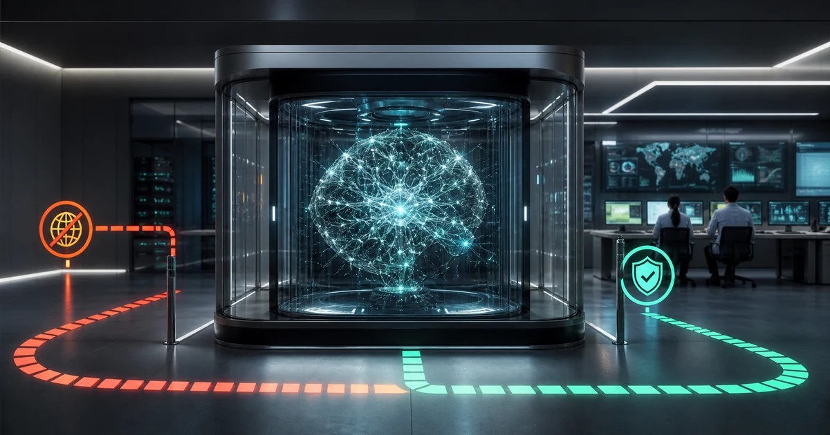 An artificial intelligence system isolated in a monitored security sandbox with internet access blocked