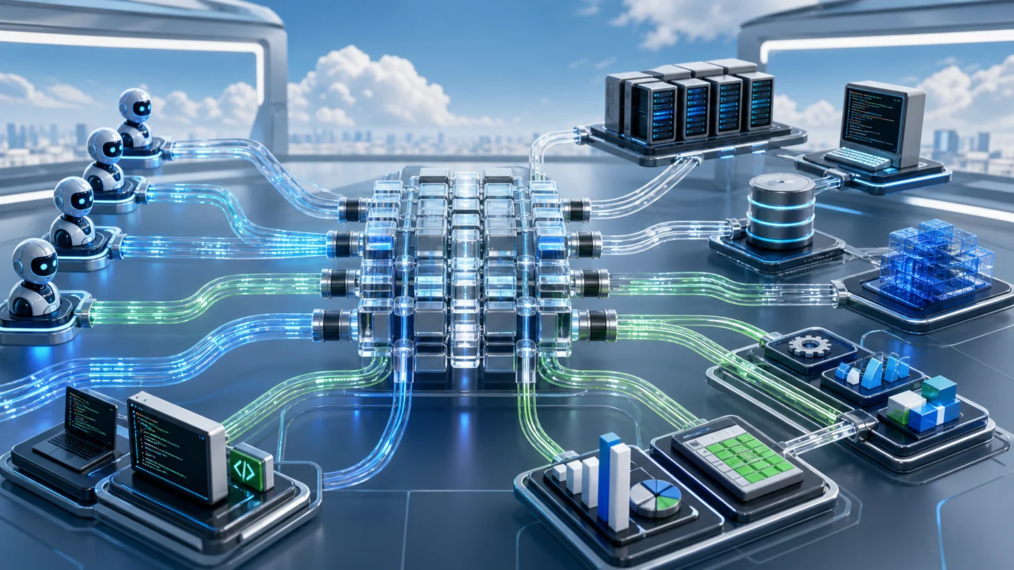 Parallel agent requests moving through modular protocol connectors to development tools